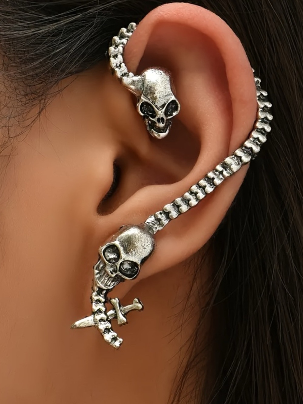 Double Scull Head Spinal Column Sliver Toned Pierced Ear Cuff
